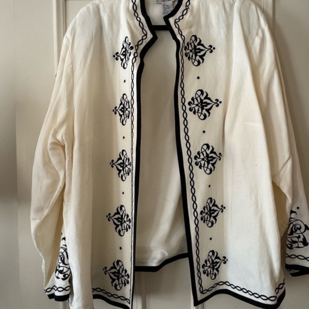 Linea by Louis Dell’Olio Elegant Off-White and Black Embroidered Jacket Size 2x